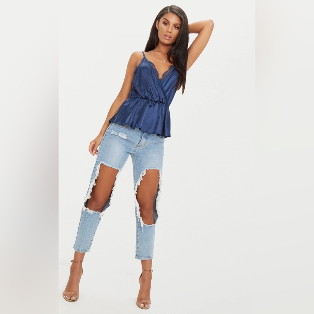 PrettyLittleThing- Navy Satin Eyelash Lace Detail Cami Top- NWT